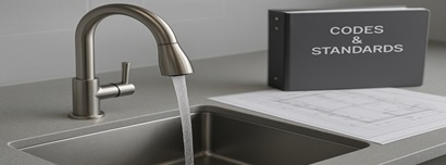 Kitchen faucet running low-flow water into a sink in a multifamily apartment unit